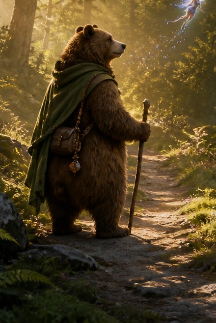 Ein Braunbär mit grünem Umhang und Wanderstab steht aufrecht am Waldweg.