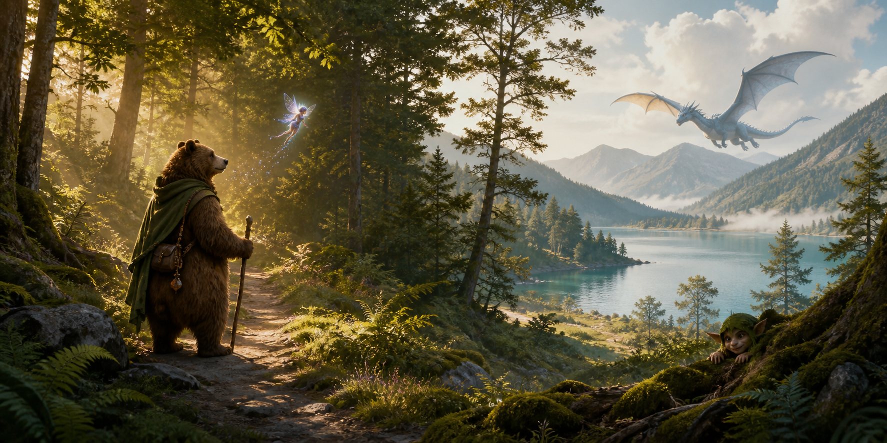 Waldweg über einem Bergsee: ein Bär mit Wanderstab und grünem Umhang, eine Fee im Sonnenlicht, ein Drache über den Bergen und ein Kobold hinter einem moosigen Felsen.