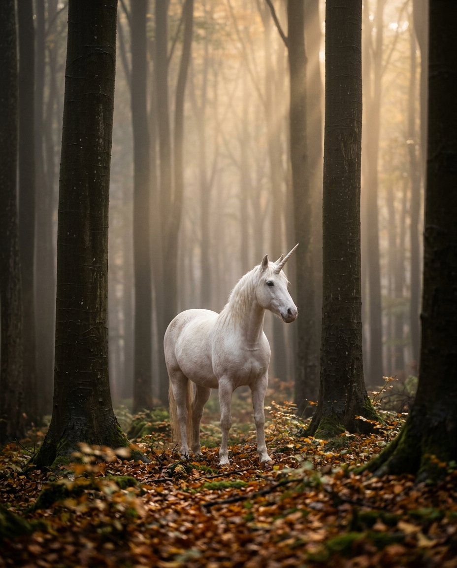Ein Einhorn zwischen den Baumstämmen